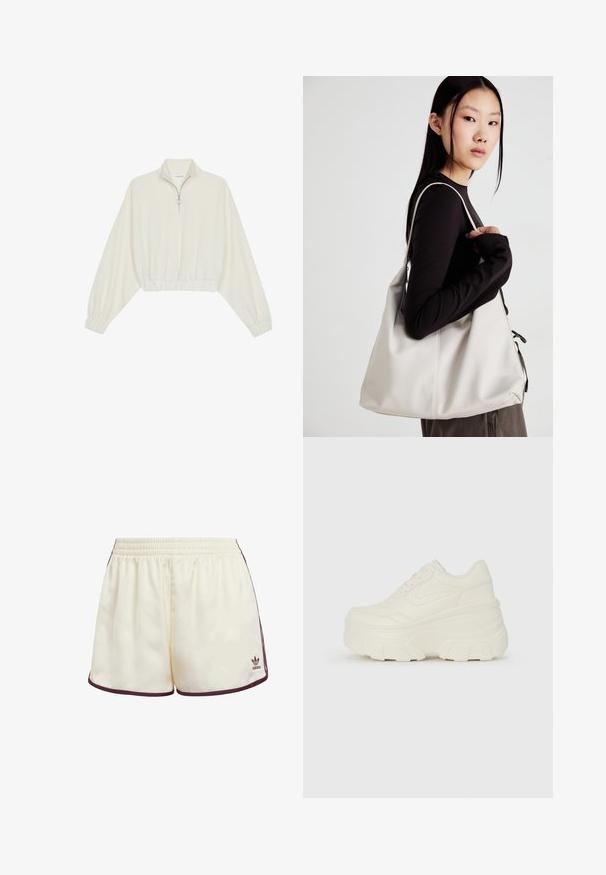 Zkrátený pulover z krémového materiálu, s vysokým golierom, polovičným zipsom, elastickým lemom a manžetami, s hladkou textúrou a minimalistickým dizajnom.; Krémové športové šortky vyrobené z hladkej tkaniny, s bordovým lemovaním pozdĺž spodného okraja a strán, a s vyšitým logom na dolnej ľavej strane.; Biele platformové tenisky s hladkým koženkovým svrchným materiálom, zaobleným tvarom, polstrovaným golierom a textúrovanou gumovou podrážkou s výrazným vzorom.; Béžová kabelka vyrobená z mäkkého materiálu, s uvoľneným dizajnom, prišitými detailmi a dvoma popruhmi na nosenie na pleciach. Vhodná na každodenné nosenie.