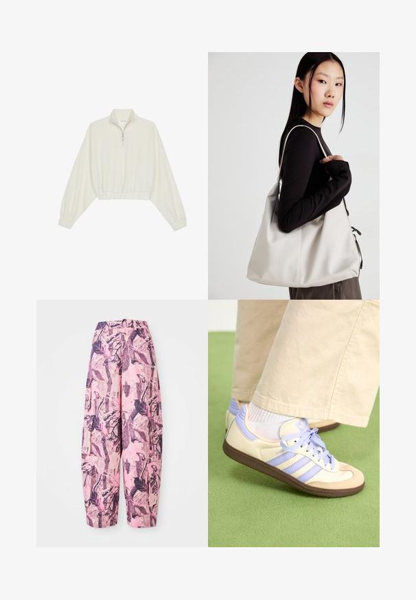 Krém színű, rövidített pulóver, magas gallérral, félig cipzáros záródással, elasztikus derék- és ujjakrésszel, sima textúrával és minimalista dizájnnal.; Rózsaszín és lila mintás bőszárú nadrág levelek és ágak mintáival, magas derékkal és oldalsó zsebekkel a praktikum érdekében.; Krém és levendula színű sportcipők három csíkkal és texturált barna talppal, fűzőkkel és párnázott sarokkal. Puha anyagú felsőrész.; Puha anyagból készült bézs kézitáska, laza dizájnnal, varrott részletekkel és két vállpánttal. Mindennapi használatra alkalmas.