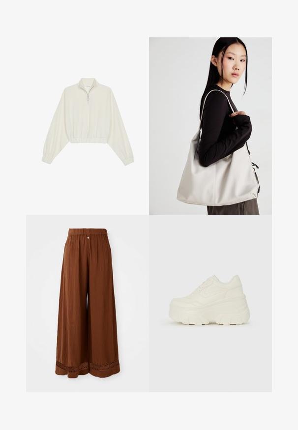 Zkrácený svetr z krémové látky, který má vysoký límec, poloviční zip, elastický spodní lem a manžety, hladkou texturu a minimalistický design.; Široké hnědé kalhoty vyrobené z texturovaného materiálu, s nařaseným pasem a krajkovým detailem na lemu.; Bílé platformové tenisky s hladkým svrškem podobným kůži, zaobleným tvarem, polstrovaným límcem a texturovanou gumovou podrážkou s vyznačenými vzory.; Beige kabelka vyrobená z měkkého materiálu, s volným designem, prošívanými detaily a dvěma ramenními popruhy. Vhodná pro každodenní použití.