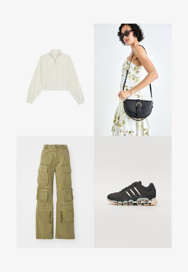 Pulover scurt din stofă crem, cu guler înalt, închidere cu fermoar pe jumătate, elastic la margini și la manșete, cu o textură netedă și un design minimalist.; Pantaloni cargo khaki cu o croială lejeră, dotati cu multiple buzunare mari utilitare, detalii cusute și închidere cu nasture. Material din bumbac rezistent.; Pantof cu aspect sport de culoare neagră, cu un superior texturat, trei dungi argintii și o talpă de amortizare distinctivă, ce prezintă multiple secțiuni integrate.; Geantă din piele neagră, cu o formă curbată, curea detașabilă și accesorii aurii. Geanta are un capac cu un detaliu tip cataramă.
