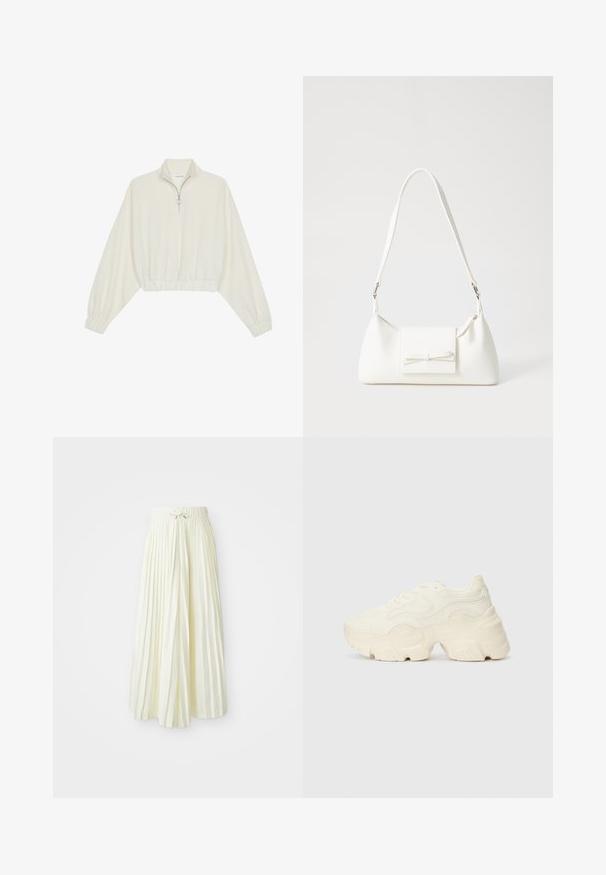 Kreminės spalvos trumpas megztinis, turintis aukštą apykaklę, pusiau užtrauktuką, elastinį apačią irRankovių kraštus, su lygiu paviršiumi ir minimalizuotu dizainu.; Šviesiai geltona, krokuota midi sijonas, su elastinga juosta ir juostele, glotnaus audinio tekstūra ir vertikalios juostelės papildomam akcentui.; Masyvios baltos sportbačiai, pagaminti iš tekstūruoto tinklelio ir sintetinių medžiagų, pasižymintys storu padu ir išsamiu raštų detalizavimu šonuose.; Balta sintetinė rankinė trikampio formos, plokščiu priekiu su užsegimu, kaspino detale, reguliuojama dirželiu, lygia tekstūra ir minimalistišku dizainu.