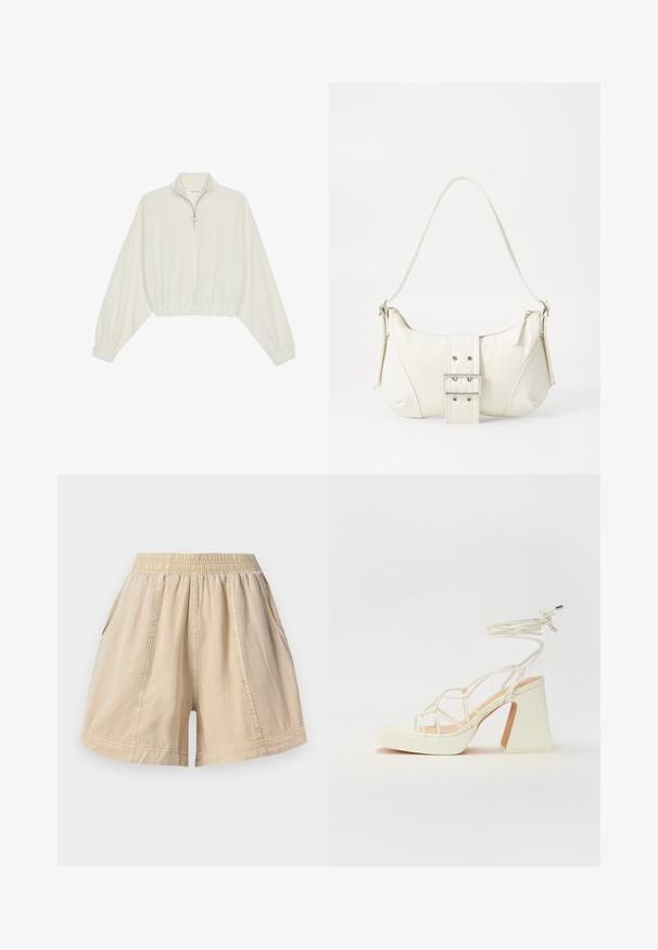 Zkrácený svetr z krémové látky, který má vysoký límec, poloviční zip, elastický spodní lem a manžety, hladkou texturu a minimalistický design.; Beige šortky s elastickým pasem, bočními kapsami a viditelnými švy, vyrobené z lehké tkaniny.; Bílé sandály na vysokém podpatku s robustním podpatkem, s designem s pásky a zavazováním kolem kotníku. Hladký povrch s platformou vpředu pro zvýšení výšky.; Bílá kabelka na rameno s texturovaným povrchem, centrálním akcentem v podobě spony a zakřiveným tvarem. Zipové uzávěry na obou stranách.