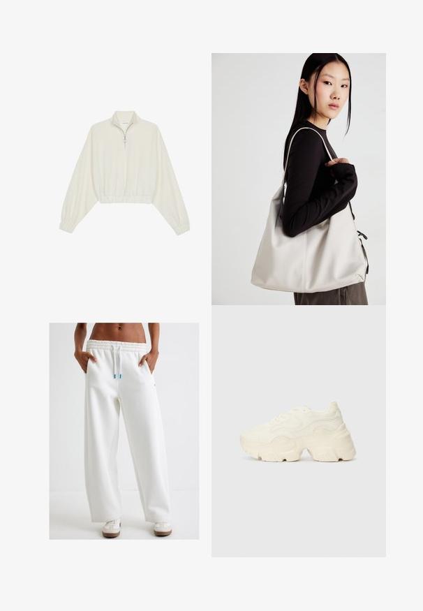 Gerippter Pullover aus cremefarbener Baumwolle mit hohem Kragen, halbem Reißverschluss, elastischen Säumen und Bündchen, glatter Textur und minimalistischem Design.; Weiße, weite Sweatpants mit einem elastischen Bund und Kordelzug. Verfügt über seitliche Taschen und eine glatte Textur. Kombiniert mit weißen Sneakers.; Flockige weiße Sneaker aus strukturiertem Mesh und synthetischen Materialien, mit einer dicken Sohle und komplizierten Mustern entlang der Seiten.; Beige Handtasche aus weichem Material, mit einem lässigen Design, gesteppten Details und zwei Schulterriemen. Geeignet für den täglichen Gebrauch.