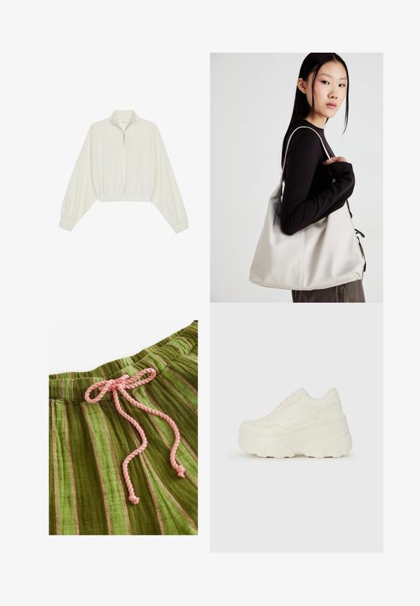 Pullover court en tissu crème, avec un col haut, fermeture éclair à mi-hauteur, ourlet et poignets élastiqués, offrant une texture lisse et un design minimaliste.; Tissu rayé vert avec une texture douce et un cordon de serrage rose. Présente des rayures verticales de différentes nuances et une taille froncée.; Baskets plateformes blanches avec une tige en simili cuir lisse, une forme arrondie, un col rembourré et une semelle en caoutchouc texturé avec des crampons définis.; Sac à main beige en matériau souple, avec un design décontracté, des détails cousus et deux poignées. Idéal pour un usage quotidien.