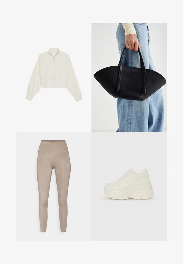 Zkrátený pulover z krémového materiálu, s vysokým golierom, polovičným zipsom, elastickým lemom a manžetami, s hladkou textúrou a minimalistickým dizajnom.; Béžové legíny s vysokým pásom vyrobené z elastického materiálu, s jemným logom a hladkou matnou textúrou.; Biele platformové tenisky s hladkým koženkovým svrchným materiálom, zaobleným tvarom, polstrovaným golierom a textúrovanou gumovou podrážkou s výrazným vzorom.; Čierna kožená kabelka s jedinečným tvarom ventilátora, so plochými držadlami. Povrch má štruktúru s brúseným efektom a minimalistic design.