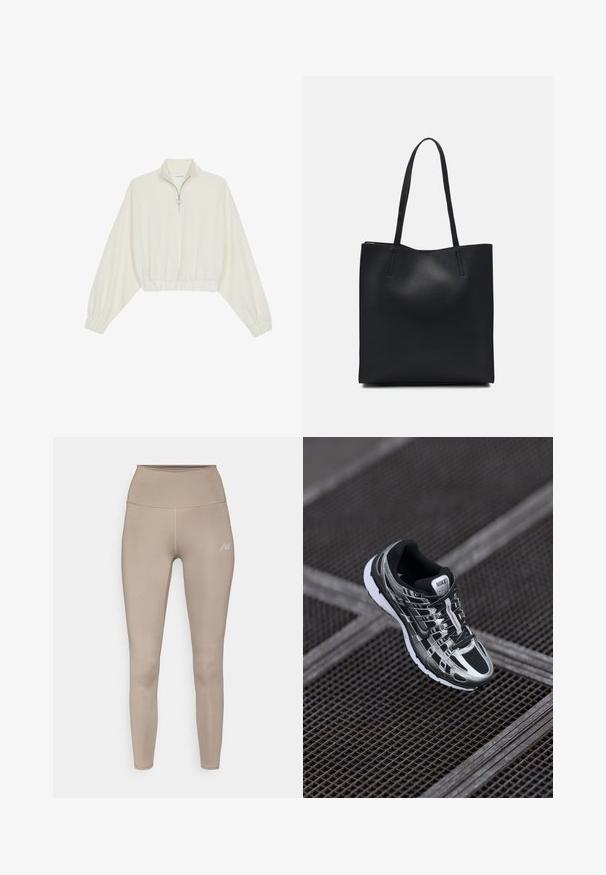 Krém színű, rövidített pulóver, magas gallérral, félig cipzáros záródással, elasztikus derék- és ujjakrésszel, sima textúrával és minimalista dizájnnal.; Hófehér magas derekú leggings, rugalmas anyagból készítve, diszkrét logóval és sima, matt felülettel.; Nike futócipő, fekete és ezüst színvilággal, hálós felső résszel, texturált talppal és biztos illeszkedést biztosító fűzőrendszerrel.; Fekete bőrtáska sima felszínnel, téglalap alakú, két hosszú füllel. Nincs látható fémkiegészítő vagy díszítés.