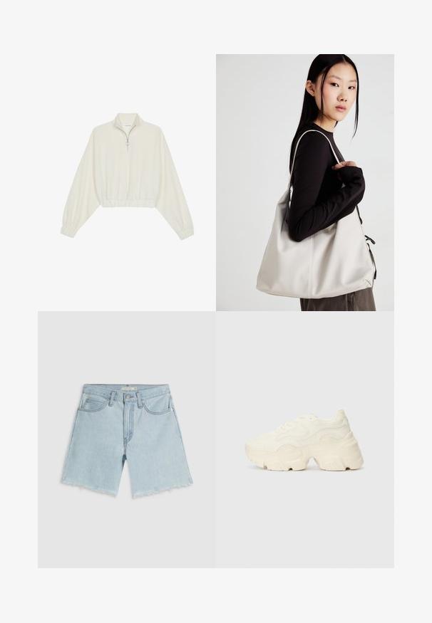 Kort genser i kremfarget stoff, med høy krage, halv glidelås, elastisk nederste kant og mansjetter, med en glatt tekstur og minimalistisk design.; Lyseblå denimshorts med frynsete kant, fire lommer og glidelås; har subtil falming og sølvfarget metall.; Chunky hvite sneakers laget av teksturert mesh og syntetiske materialer, med en tykk såle og intrikate mønsterdetaljer langs sidene.; Beige håndveske laget av mykt materiale, med en slapp design, sydd detaljer og to skulderstropper. Passer for daglig bruk.