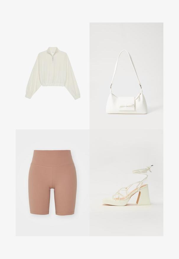 Skraćeni pulover od kremastog materijala, s visokim ovratnikom, zatvaranjem na polovicu munje, elastičnim rubom i manžetama, s glatkom teksturom i minimalnim dizajnom.; Bermude za bicikl viskog struka u bež boji, izrađene od rastezljivog materijala, s glatkom teksturom i čistim šavovima za udobnost i dobar fit.; Bijela sandala na visokoj potpetici s debelim petom, s remenom i vezanjem oko gležnja. Glatka tekstura s platformom sprijeda za dodatnu visinu.; Bijela sintetička torbica s trokutastim oblikom, ravnim prednjim poklopcem i detaljem u obliku mašne, podesivom remenom, glatkom teksturom i minimalističkim dizajnom.
