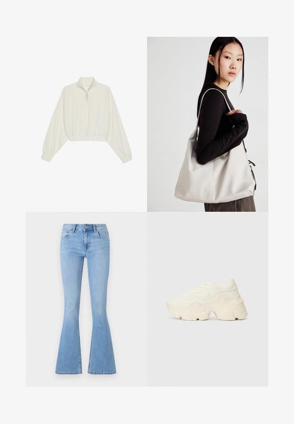 Pulover scurt din stofă crem, cu guler înalt, închidere cu fermoar pe jumătate, elastic la margini și la manșete, cu o textură netedă și un design minimalist.; Jeansi evazați de culoare bleu deschis, confecționați din denim, cu talie ajustată, buzunare frontale și fermoar. Marginile evazate distinctive la gleznă.; Tenisi albi voluminoși, fabricați din plasă texturată și materiale sintetice, cu o talpă groasă și detalii de model intricate pe laturi.; Geantă bej din material moale, cu un design lejer, detalii cusute și două bretele pentru umăr. Potrivită pentru utilizarea zilnică.