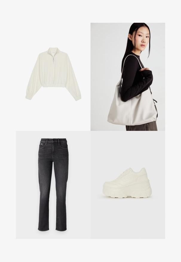 Kreminės spalvos trumpas megztinis, turintis aukštą apykaklę, pusiau užtrauktuką, elastinį apačią irRankovių kraštus, su lygiu paviršiumi ir minimalizuotu dizainu.; Juodi džinsai su tiesiu kirpimu, turintys standartinį juosmenį, penkias kišenes ir subtilius siuvinėjimo akcentus.; Baltos platformos sportbačiai su lygiu odos primenančiu paviršiumi, apvalia forma, paminkštintu apykakle ir tekstūruotu guminiu padu su ryškiais protektoriais.; Bežinė rankinė, pagaminta iš minkštos medžiagos, turinti laisvą dizainą, siuvinėtas detalės ir dvi petnešos. Tinkama kasdieniam naudojimui.