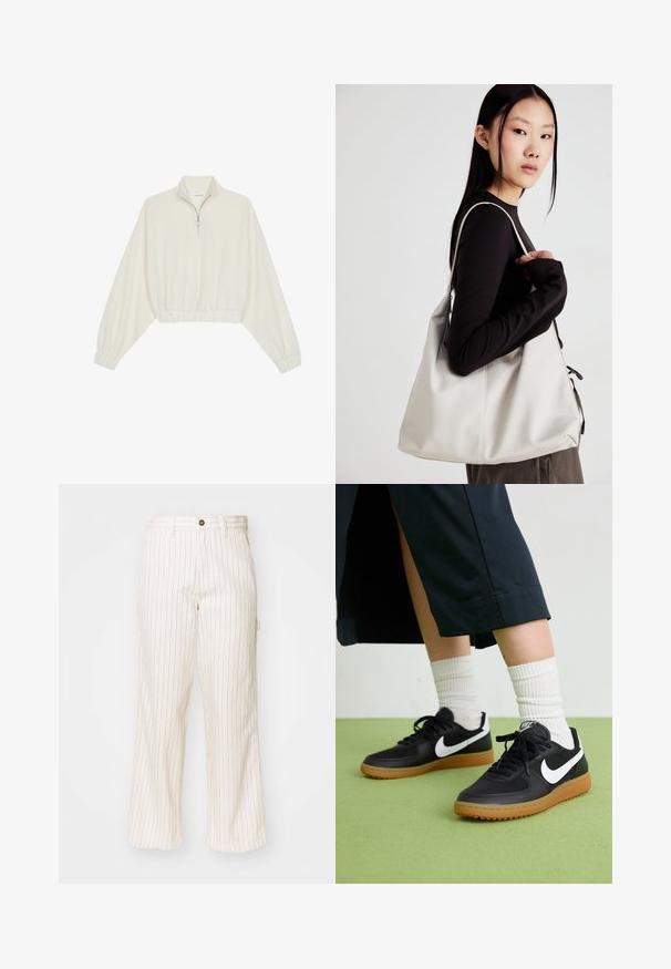 Cropped pullover in cream fabric, featuring a high collar, half-zip closure, elasticated hem and cuffs, with a smooth texture and minimal design.; Wide-leg trousers in cream fabric with thin red vertical stripes. Features a button closure and front pockets, smooth texture.; Black leather and synthetic sneakers with white Nike swoosh, rubber gum sole, round toe, and black laces. Ribbed white socks visible.; Beige handbag made of soft material, featuring a slouchy design, stitched detailing, and two shoulder straps. Suitable for everyday use.
