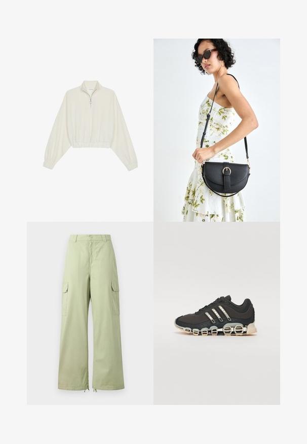 Kreemfarbenest lühikese varrukaga kudum, millel on kõrge kaelus, pool tõmblukk, elastne allosa ja varrukad, sile tekstuur ja minimaalne disain.; Heledad heledad roheline cargo püksid, mis on valmistatud puuvillast ja millel on laiad sääred. Omab kahte küljetaskut ja nööbid. Sile tekstuur ja lõdvestunud disain.; Must have sportlik kingad musta värvi, millel on tekstuuriga pealisosa, kolm hõbedast triipu ja eristuv pehmendusnähtus, millel on mitmed integreeritud osad.; Mustmust mustraha kõverate joontega, eemaldatava rihmaga ja kuldsete detailidega. Kotil on klapp, millel on pandladetail.