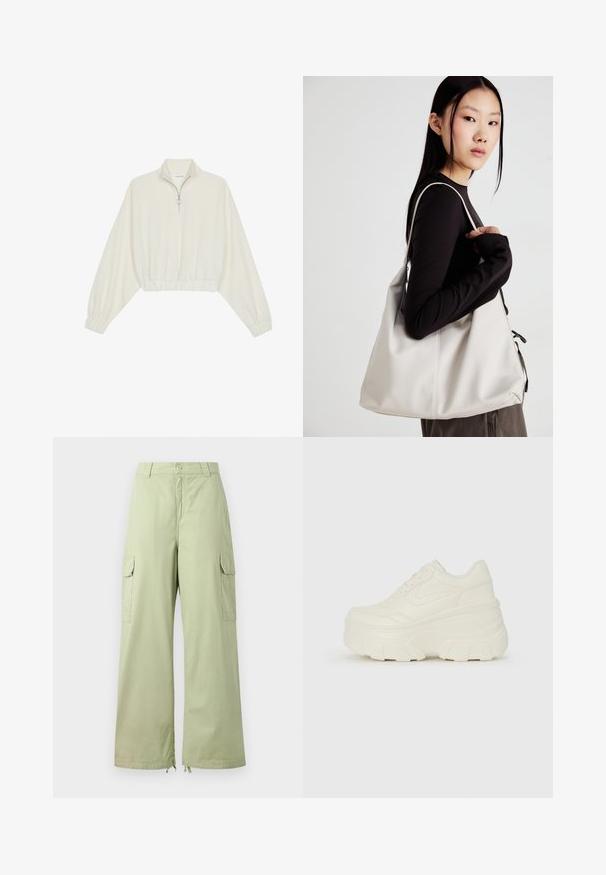 Pullover curto em tecido creme, apresentando um colarinho alto, fecho de meio zíper, bainha e punhos elásticos, com uma textura suave e design minimalista.; Calças cargo verde-claro com pernas largas, feitas de algodão. Apresentam dois bolsos laterais e fecho de botão. Textura suave e design casual.; Tênis brancos de plataforma com um cabedal suave semelhante a couro, formato arredondado, colarinho acolchoado e sola de borracha texturizada com ranhuras bem definidas.; Uma bolsa bege feita de material macio, com um design descontraído, detalhes de costura e duas alças para o ombro. Adequada para uso diário.