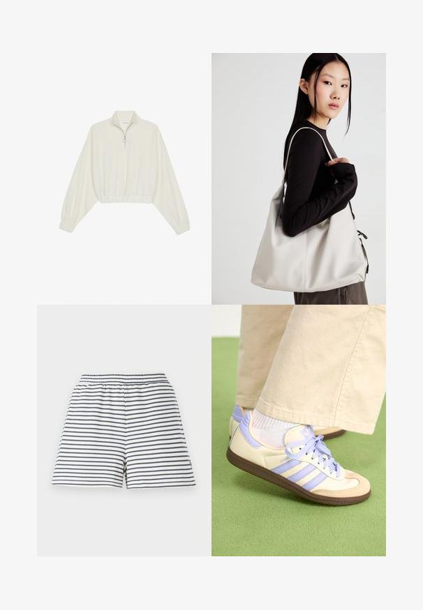 Pullover court en tissu crème, avec un col haut, fermeture éclair à mi-hauteur, ourlet et poignets élastiqués, offrant une texture lisse et un design minimaliste.; Shorts rayés avec un schéma de couleurs blanc et marine, taille élastique, matériau en coton doux et coupe décontractée.; Baskets crème et lavande avec trois bandes et une semelle marron texturée, dotées de lacets et d'un talon rembourré. Tige en tissu doux.; Sac à main beige en matériau souple, avec un design décontracté, des détails cousus et deux poignées. Idéal pour un usage quotidien.