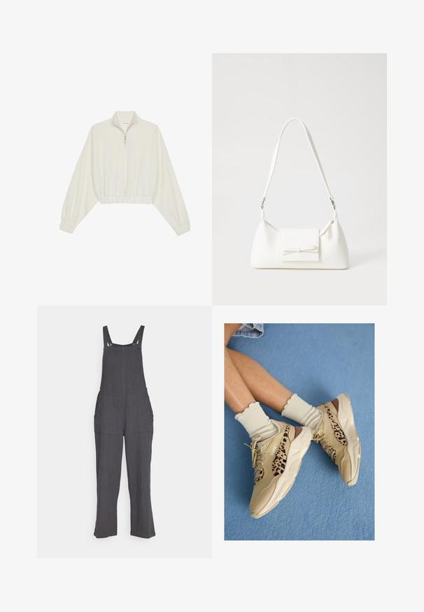 Pulover scurt din stofă crem, cu guler înalt, închidere cu fermoar pe jumătate, elastic la margini și la manșete, cu o textură netedă și un design minimalist.; Salopete gri din in, cu picioare largi, bretele reglabile și două buzunare mari în față. Prezintă un material texturat și închideri cu capse.; Picioare încrucișate purtând adidași Puma bej cu dungi cu imprimeu leopard și șosete crem cu volănașe pe un covor albastru.; Geantă sintetică albă, cu formă triangulară, capac frontal plat și detaliu cu fundă, curea ajustabilă, textură netedă și design minimalist.