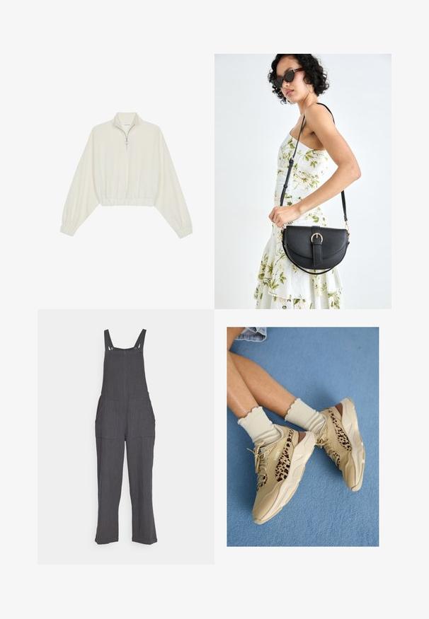 Pullover curto em tecido creme, apresentando um colarinho alto, fecho de meio zíper, bainha e punhos elásticos, com uma textura suave e design minimalista.; Salopete cinza de linho com pernas largas, alças ajustáveis e dois bolsos frontais grandes. Apresenta um tecido texturizado e fechos de pressão.; Pernas cruzadas usando ténis bege da Puma com riscas de padrão de leopardo e meias creme com folhos num chão coberto de carpete azul.; Bolsa de couro preta com forma curva, alça destacável e detalhes em dourado. A bolsa possui uma aba com detalhe de fivela.