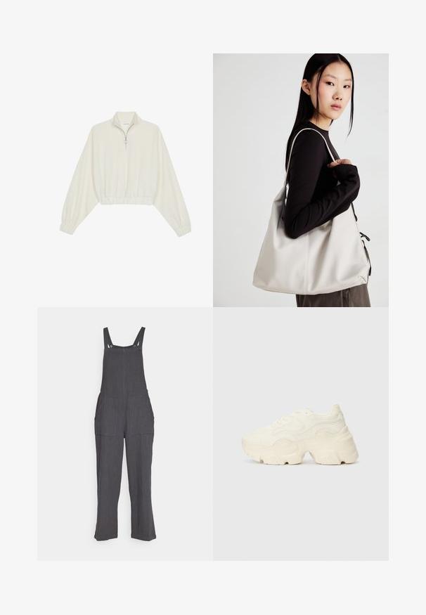 Lyhyt kerrosvaate vaaleasta kankaasta, jossa on korkea kaulus, puolivetoketjukiinnitys, joustavat helma ja hihansuut, tasainen pinta ja minimalistinen muotoilu.; Harmaan pellavasta valmistetut haalarit, joissa on leveät lahkeet, säädettävät hihnat ja kaksi suurta etupokketa. Ominaisuuksiin kuuluu teksturoitu kangas ja napit.; Paksut valkoiset lenkkarit, jotka on valmistettu teksturoidusta verkosta ja synteettisistä materiaaleista. Kenkäparissa on paksu pohja ja monimutkaisat kuviohuokoset sivuilla.; Beige laukku, joka on valmistettu pehmeästä materiaalista, ja siinä on rento muotoilu, ommeltu yksityiskohtia ja kaksi olkahihnaa. Sopii päivittäiseen käyttöön.