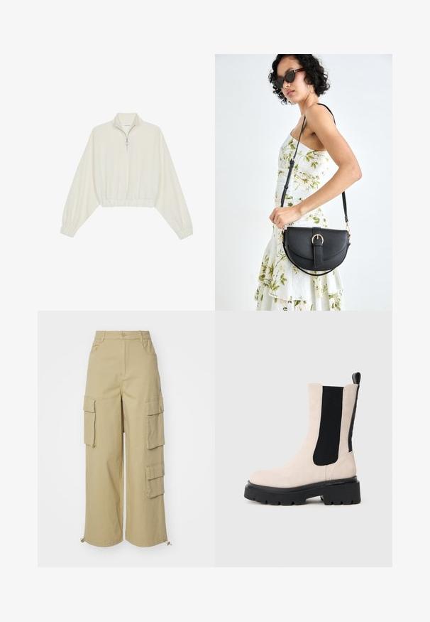 Gerippter Pullover aus cremefarbener Baumwolle mit hohem Kragen, halbem Reißverschluss, elastischen Säumen und Bündchen, glatter Textur und minimalistischem Design.; Beige Cargo-Hose mit weitem Bein, zwei großen Seitentaschen, Vordertaschen und einem Kordelzugdetail am Saum. Baumwoll-Mischgewebe.; Beige Wildleder Chelsea-Stiefel mit schwarzem elastischem Seitenpanel, schwarzer robuster Sohle und Zuglasche auf der Rückseite, seitlich auf einem weißen Hintergrund gezeigt.; Schwarze Lederhandtasche mit geschwungener Form, abnehmbarem Tragegurt und goldenen Beschlägen. Die Tasche verfügt über einen Deckel mit einer Schnallen-Details.