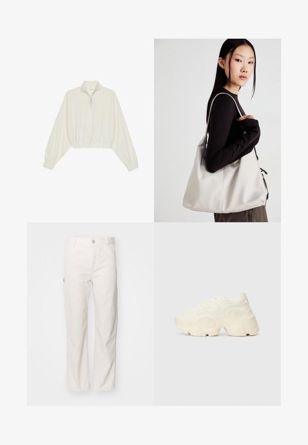 Cropped pullover in cream fabric, featuring a high collar, half-zip closure, elasticated hem and cuffs, with a smooth texture and minimal design.; White cotton cargo pants with a straight leg design, featuring side pockets and a button closure at the waist. Smooth texture.; Chunky white sneakers made of textured mesh and synthetic materials, featuring a thick sole and intricate pattern details along the sides.; Beige handbag made of soft material, featuring a slouchy design, stitched detailing, and two shoulder straps. Suitable for everyday use.