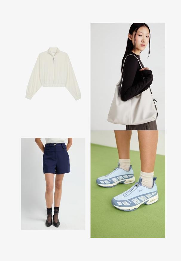 Geknipt pullover in crèmekleurige stof, met een hoge kraag, halve rits, elastische zoom en manchetten, met een soepele textuur en minimalistisch ontwerp.; Vrouw in marineblauwe hoge shorts met klepzakken, zwarte doorschijnende sokken, zwarte puntige hakken en een witte gestructureerde gebreide top.; Lichtblauwe sportieve schoenen met witte accenten, textuurpanelen en een ritsluiting. Voorzien van een zichtbare luchtkussenzool en een rubberen buitenzool.; Beige handtas gemaakt van zacht materiaal, met een slonzig ontwerp, gestikte details en twee schouderbanden. Geschikt voor dagelijks gebruik.