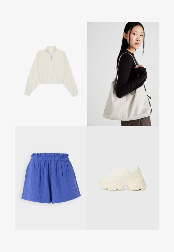 Pullover curto em tecido creme, apresentando um colarinho alto, fecho de meio zíper, bainha e punhos elásticos, com uma textura suave e design minimalista.; Bermudas azuis de algodão com cintura franzida e bolsos laterais, apresentando um tecido texturizado e um corte descontraído.; Sapatilhas brancas chunky feitas de malha texturizada e materiais sintéticos, apresentando uma sola espessa e detalhes de padrão intrincados ao longo dos lados.; Uma bolsa bege feita de material macio, com um design descontraído, detalhes de costura e duas alças para o ombro. Adequada para uso diário.