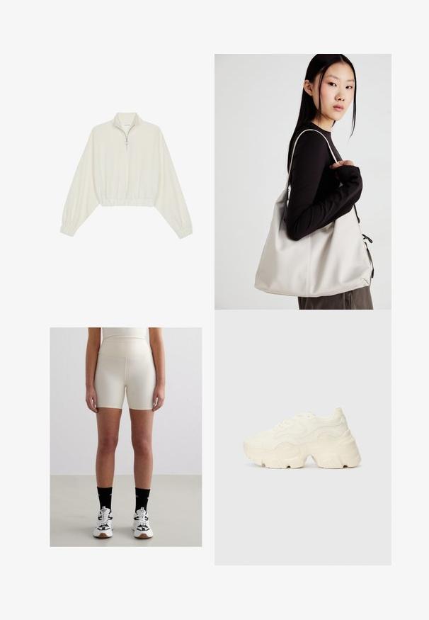 Kreminės spalvos trumpas megztinis, turintis aukštą apykaklę, pusiau užtrauktuką, elastinį apačią irRankovių kraštus, su lygiu paviršiumi ir minimalizuotu dizainu.; Bežinės aukštu liemeniu šortai su lygiu, tampriu audiniu. Turi prigludusią išvaizdą ir vidutinio ilgio iki šlaunų, derinami su baltais sportiniais batais ir juodomis kojinėmis.; Masyvios baltos sportbačiai, pagaminti iš tekstūruoto tinklelio ir sintetinių medžiagų, pasižymintys storu padu ir išsamiu raštų detalizavimu šonuose.; Bežinė rankinė, pagaminta iš minkštos medžiagos, turinti laisvą dizainą, siuvinėtas detalės ir dvi petnešos. Tinkama kasdieniam naudojimui.