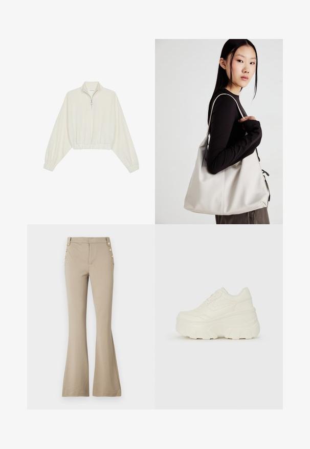 Skraćeni pulover od kremastog materijala, s visokim ovratnikom, zatvaranjem na polovicu munje, elastičnim rubom i manžetama, s glatkom teksturom i minimalnim dizajnom.; Bežaste hlače s flared krojem izrađene od mekog materijala, s uskim strukom i pet ukrasnih zlatnih gumba sa svake strane. Glatka tekstura bez uzoraka.; Bijele platformske tenisice s glatkim gornjim dijelom koji nalikuje koži, zaobljenim oblikom, podstavljenim okvirom i teksturiranim gumeni potplat s definiranom profilacijom.; Bežna torba od mekog materijala s opuštenim dizajnom, šivanim detaljima i dva remena za rame. Pogodna za svakodnevnu upotrebu.