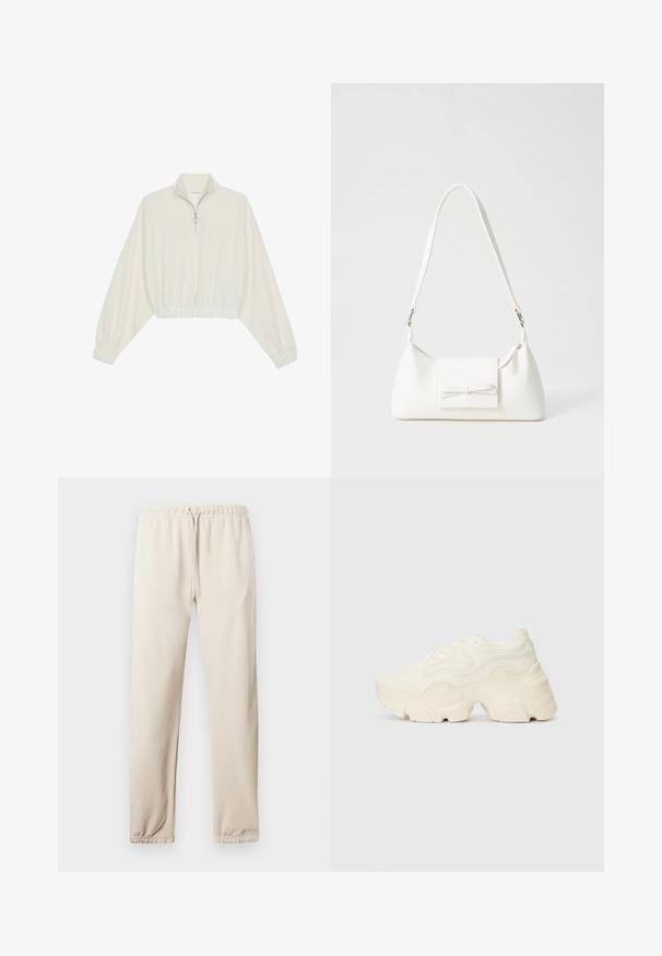 Geknipt pullover in crèmekleurige stof, met een hoge kraag, halve rits, elastische zoom en manchetten, met een soepele textuur en minimalistisch ontwerp.; Lichtbeige joggers met een elastische tailleband, verstelbaar trekkoord en geribbelde enkels. Heeft een klein logo aan de zijkant. Zachte stoftextuur.; Chunky witte sneakers gemaakt van geperforeerd mesh en synthetische materialen, met een dikke zool en ingewikkelde patroon details aan de zijkanten.; Witte synthetische handtas met een driehoekige vorm, platte voorklep en strikdetail, verstelbare schouderriem, gladde textuur en minimalistisch ontwerp.