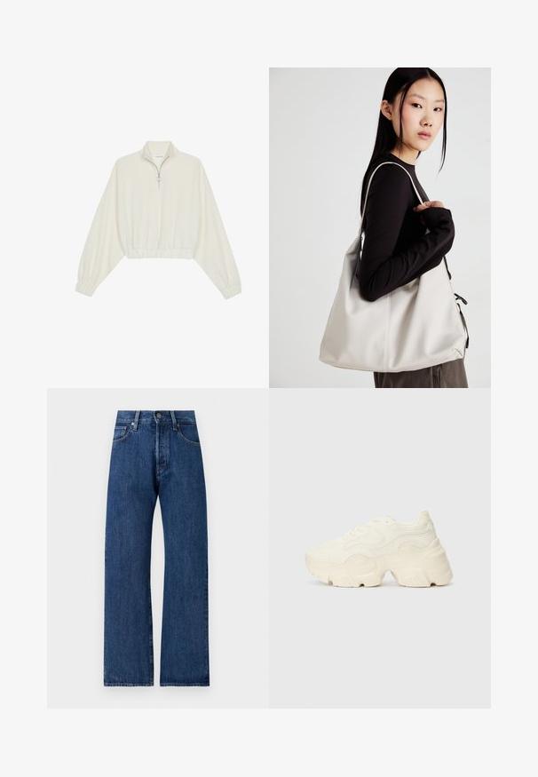 Kreminės spalvos trumpas megztinis, turintis aukštą apykaklę, pusiau užtrauktuką, elastinį apačią irRankovių kraštus, su lygiu paviršiumi ir minimalizuotu dizainu.; Plačios blauzdos mėlyni džinsai su išblukusiu efekto, su sagos uždarymu, diržo kilpomis ir penkiomis kišenėmis saugojimui.; Masyvios baltos sportbačiai, pagaminti iš tekstūruoto tinklelio ir sintetinių medžiagų, pasižymintys storu padu ir išsamiu raštų detalizavimu šonuose.; Bežinė rankinė, pagaminta iš minkštos medžiagos, turinti laisvą dizainą, siuvinėtas detalės ir dvi petnešos. Tinkama kasdieniam naudojimui.