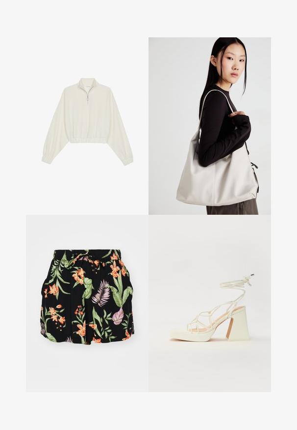 Zkrátený pulover z krémového materiálu, s vysokým golierom, polovičným zipsom, elastickým lemom a manžetami, s hladkou textúrou a minimalistickým dizajnom.; Čierne šortky s pestrofarebným kvetinovým vzorom, ktorý obsahuje oranžové a zelené prvky, elastický pás s šnúrkou a bočné vrecká.; Biele sandále na vysokom opätku s hrubým podpätkom, s pruhovaným dizajnom a viazaním na členku. Hladký povrch s platformou vpredu pre zvýšenú výšku.; Béžová kabelka vyrobená z mäkkého materiálu, s uvoľneným dizajnom, prišitými detailmi a dvoma popruhmi na nosenie na pleciach. Vhodná na každodenné nosenie.