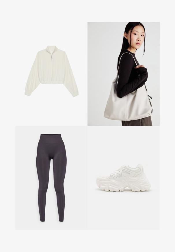 Skraćeni pulover od kremastog materijala, s visokim ovratnikom, zatvaranjem na polovicu munje, elastičnim rubom i manžetama, s glatkom teksturom i minimalnim dizajnom.; Visoke tamnosive tajice izrađene od glatkog, rastezljivog materijala s krojem koji se prilagođava tijelu i bez vidljivih uzoraka ili metalnih detalja.; Bijele debele tenisice s teksturiranim gornjim dijelom, mrežastim panelima i debelim gumenim potplatima s istaknutim uzorkom. Uključene vezice i petna traka.; Bežna torba od mekog materijala s opuštenim dizajnom, šivanim detaljima i dva remena za rame. Pogodna za svakodnevnu upotrebu.