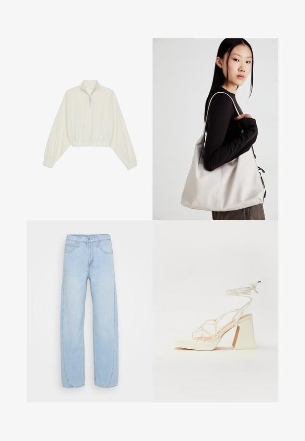Kreemfarbenest lühikese varrukaga kudum, millel on kõrge kaelus, pool tõmblukk, elastne allosa ja varrukad, sile tekstuur ja minimaalne disain.; Heledad sinise värvi laiad teksapüksid, mis on valmistatud denimist, kõrge vöökohaga, viie taskuga ja kontrastõmblustega õmbluste ääres.; Valged kõrge kontsaga sandaalid, millel on paks konts ja rihmadega disain koos pahkluu sidumisega. Sile tekstuur ja platvorm ees, et lisada kõrgust.; Bež käekott pehme materjali, millel on lõtv disain, õmblustega detailid ja kaks õlarihma. Sobib igapäevaseks kasutamiseks.