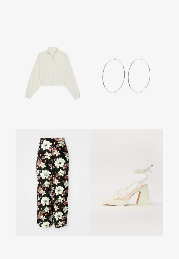 Cropped pullover in cream fabric, featuring a high collar, half-zip closure, elasticated hem and cuffs, with a smooth texture and minimal design.; Black floral pants featuring large white, orange, and brown flowers, with a loose, wide-leg design and soft, lightweight fabric.; White high-heeled sandal with a chunky heel, featuring a strappy design and ankle tie. Smooth texture with a platform front for added height.; Silver hoop earrings with a smooth, round design and a polished finish. They are thin and lightweight, featuring a simple clasp closure.