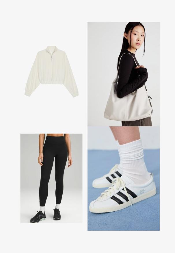 Avkortad tröja i krämfärgad tyg, med hög krage, halvdragkedja, elastisk nederkant och ärmar, med en slät yta och minimalistisk design.; Svarta högmidjade leggings gjorda av stretchigt material, med en stilren design, slät textur och subtila detaljer på sidan. Parat med svarta träningsskor.; Vita lädersneakers med svarta ränder, krämfärgad sula och ljusa snören. Bärs med vita ribbade strumpor, placerade på blå bakgrund.; Beige handväska tillverkad av mjukt material, med en avslappnad design, sydda detaljer och två axelremmar. Lämplig för dagligt bruk.