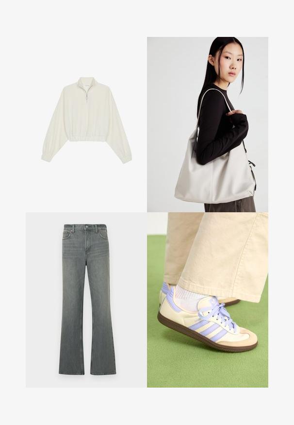 Pulover scurt din stofă crem, cu guler înalt, închidere cu fermoar pe jumătate, elastic la margini și la manșete, cu o textură netedă și un design minimalist.; Jeans din denim gri cu talie înaltă, drepte, cu închidere cu nasture și fermoar, buzunare frontale și bucle pentru curea.; Adidași crem și lavandă cu trei dungi și o talpă texturată maro, având șireturi și un călcâi căptușit. Superior din material moale.; Geantă bej din material moale, cu un design lejer, detalii cusute și două bretele pentru umăr. Potrivită pentru utilizarea zilnică.