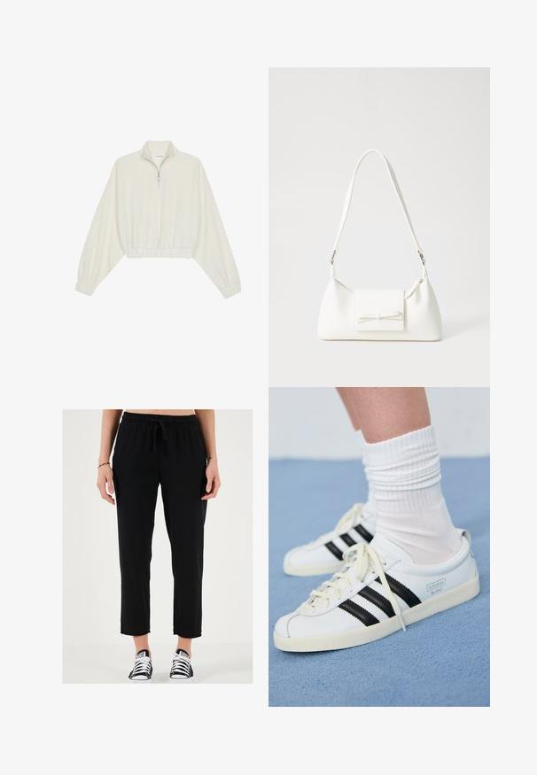 Kreptais pusītes džemperis krēmkrāsā, ar augstu apkakli, puszipa aizdari, elastīgu apakšmalu un aprocēm, ar gludu tekstūru un minimālistisku dizainu.; Melnas sporta bikses ar elastīgu jostasvietu un saiti, ar īsu garumu un ikdienišķu piegriezumu, kombinētas ar melniem un baltajiem sporta apaviem.; Baltas ādas sporta apavi ar melnām svītrām, krēmkrāsas zole un gaišām auklām. Valkāti ar baltām kordētām zeķēm, novietoti uz zila fona.; Balta sintētiska soma ar trīsstūrveida formu, plakanu priekšējo vāciņu un loku detaļu, regulējamu siksnu, gludu tekstūru un minimālistisku dizainu.