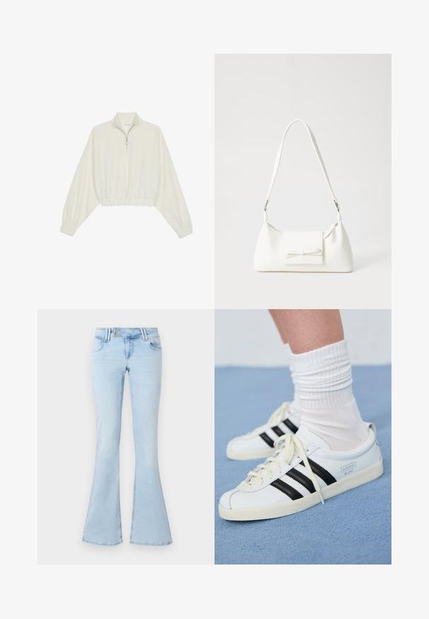 Krém színű, rövidített pulóver, magas gallérral, félig cipzáros záródással, elasztikus derék- és ujjakrésszel, sima textúrával és minimalista dizájnnal.; Világoskék trapéznadrág denim anyagból. Öt zsebbel, fémből készült gombos záródással és varrás részletekkel az illesztéseknél és az alján.; Fehér bőr sportcipők fekete csíkokkal, krém színű talppal és világos fűzőkkel. Fehér bordázott zoknival viselve, kék háttér előtt.; Fehér szintetikus kézitáska, háromszög alakú, lapos előlap, masni részlettel, állítható pánttal, sima textúrával és minimalista dizájnnal.