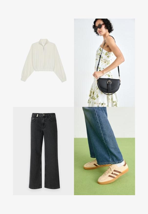 Pullover accorciato in tessuto crema, con colletto alto, chiusura a zip parziale, orlo e polsini elasticizzati, dalla texture liscia e design minimal.; Jeans in denim nero a gamba larga con vita media, due tasche frontali e cuciture a contrasto su una trama di tessuto liscia.; Sneakers beige con pannelli texturizzati crema e strisce marroni, abbinati a jeans in denim blu. I jeans hanno un taglio largo e orlo sfilacciato.; Borsa a tracolla nera in pelle con una forma curva, manico rimovibile e accessori dorati. La borsa presenta una patta con un dettaglio a fibbia.