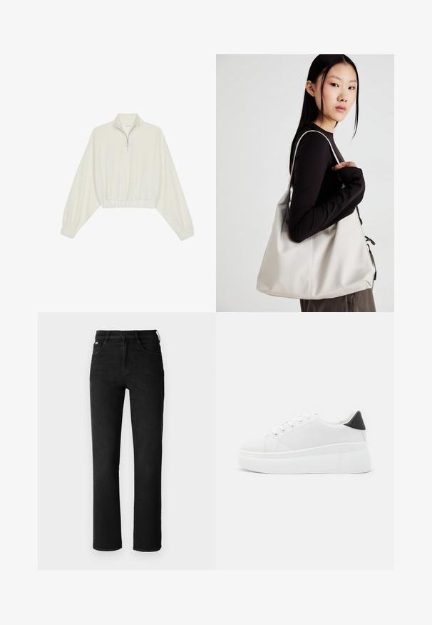 Pullover curto em tecido creme, apresentando um colarinho alto, fecho de meio zíper, bainha e punhos elásticos, com uma textura suave e design minimalista.; Jeans de denim preto com um design de perna reta, cintura alta e estilo clássico de cinco bolsos. Feitos de um tecido robusto e texturizado.; Tênis plataforma brancos feitos de material sintético suave, apresentando ponta arredondada, design com cadarços e sola de borracha texturizada. Acento preto no calcanhar.; Uma bolsa bege feita de material macio, com um design descontraído, detalhes de costura e duas alças para o ombro. Adequada para uso diário.