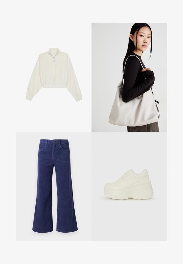 Kreptais pusītes džemperis krēmkrāsā, ar augstu apkakli, puszipa aizdari, elastīgu apakšmalu un aprocēm, ar gludu tekstūru un minimālistisku dizainu.; Tumši zili korduroja flared bikses ar teksturētu virsmu, ar priekšējām kabatām un pogu aizdari jostasvietā.; Baltie platformas sporta apavi, kas izgatavoti no gludas mākslīgās ādas, ar noapaļotu formu, mīkstu apkakli un teksturētu gumijas zoli ar izteiktiem rakstiem.; Bežs rokassoma, izgatavota no mīksta materiāla, ar brīvu dizainu, izšūtu apdari un divām plecu siksnām. Piemērota ikdienas lietošanai.