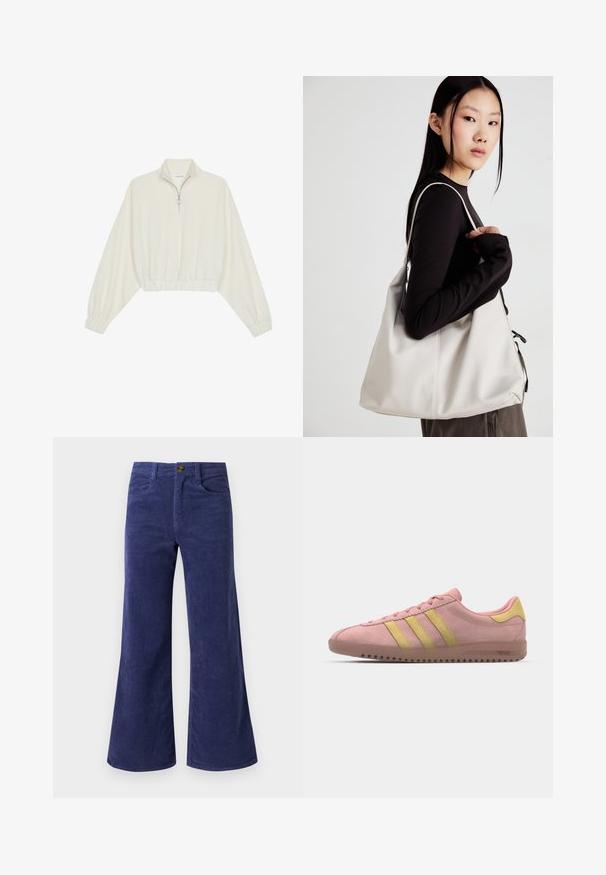 Geknipt pullover in crèmekleurige stof, met een hoge kraag, halve rits, elastische zoom en manchetten, met een soepele textuur en minimalistisch ontwerp.; Marineblauwe flared corduroybroek met een gestructureerd oppervlak, voorzien van voorzakken en een knoopsluiting in de taille.; Roze suède sneaker met drie gele strepen, ronde neus en een gestructureerde rubberen zool. Laag profielontwerp met een gevoerde kraag.; Beige handtas gemaakt van zacht materiaal, met een slonzig ontwerp, gestikte details en twee schouderbanden. Geschikt voor dagelijks gebruik.