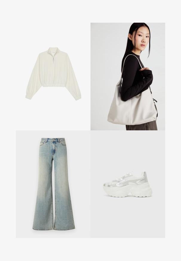 Kreptais pusītes džemperis krēmkrāsā, ar augstu apkakli, puszipa aizdari, elastīgu apakšmalu un aprocēm, ar gludu tekstūru un minimālistisku dizainu.; Gai zili platās kājas džinsi ar augstu jostasvietu, ar izbalējušu apdari, priekšējām kabatām un mazu šķēlumu kāju apakšā.; Sudraba sporta apavi ar teksturētu sieta virsmu un iridescentiem akcentiem, aprīkoti ar masīvu baltu zoli un saistēšanas aizdari.; Bežs rokassoma, izgatavota no mīksta materiāla, ar brīvu dizainu, izšūtu apdari un divām plecu siksnām. Piemērota ikdienas lietošanai.