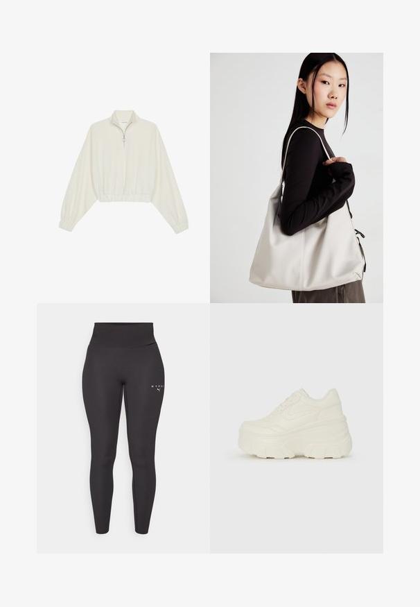 Kratka pulover v kremnem blagu, z visokim ovratnikom, pol-zadrgo, elastičnim robom in manšetami, z gladko teksturo in minimalističnim oblikovanjem.; Črne športne legice iz raztegljivega materiala, z visokim pasom in subtilnim logotipom na levi nogi. Gladka tekstura.; Bele platformske tene z belim zgornjim delom, ki spominja na usnje, okroglo obliko, oblazinjen ovratnik ter gumo z teksturo na podplatu z izrazitimi profili.; Bežna torbica iz mehkega materiala, z ohlapno zasnovo, šivi in dvema naramnicama. Primerna za vsakodnevno uporabo.