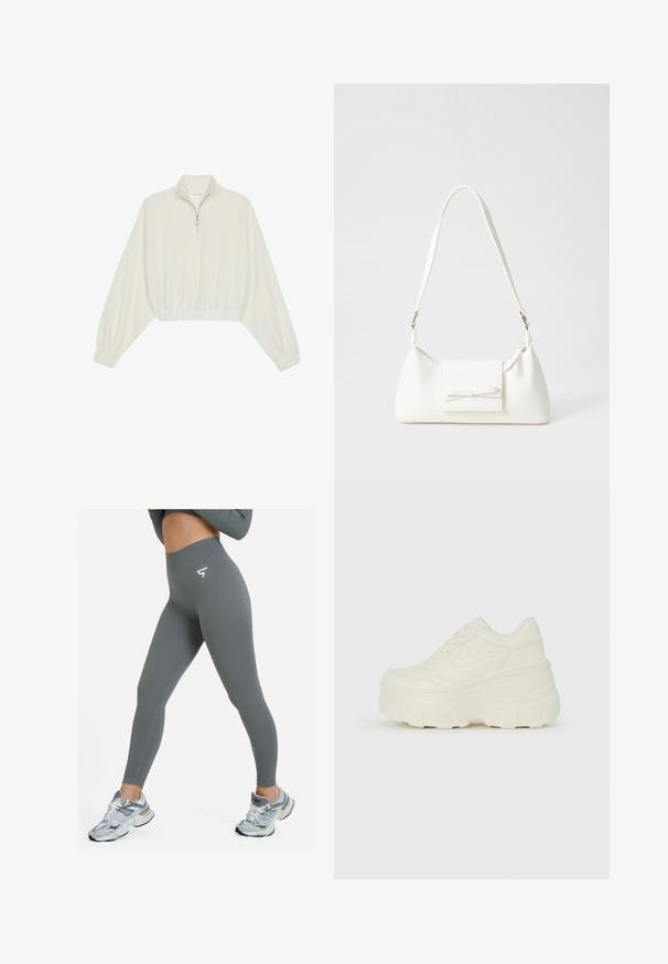 Cropped pullover in cream fabric, featuring a high collar, half-zip closure, elasticated hem and cuffs, with a smooth texture and minimal design.; SQUATPROOF CONVEY SEAMLESS - Leggings - grey; White platform sneakers featuring a smooth leather-like upper, rounded shape, padded collar, and textured rubber sole with defined treads.; White synthetic handbag with a triangular shape, flat front flap and bow detail, adjustable strap, smooth texture, and minimalistic design.