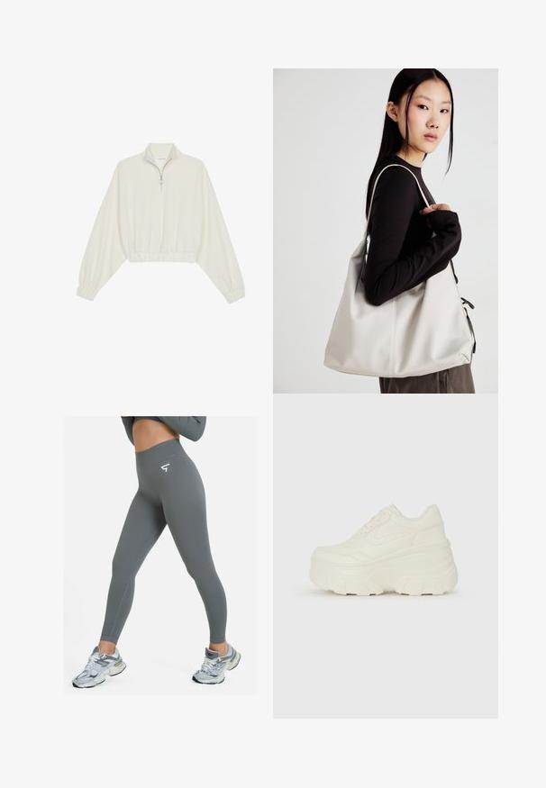 Lyhyt kerrosvaate vaaleasta kankaasta, jossa on korkea kaulus, puolivetoketjukiinnitys, joustavat helma ja hihansuut, tasainen pinta ja minimalistinen muotoilu.; SQUATPROOF CONVEY SEAMLESS - Trikoot - grey; Valkoiset tasapohjakengät, joissa on sileä nahkamainen päällinen, pyöristetty muoto, pehmustettu nilkkaosa ja texturoitu kumipohja, jossa on hyvin määritellyt urat.; Beige laukku, joka on valmistettu pehmeästä materiaalista, ja siinä on rento muotoilu, ommeltu yksityiskohtia ja kaksi olkahihnaa. Sopii päivittäiseen käyttöön.