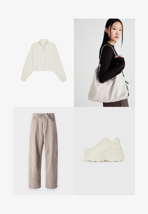 Cropped pullover in cream fabric, featuring a high collar, half-zip closure, elasticated hem and cuffs, with a smooth texture and minimal design.; Beige corduroy trousers with a loose fit, featuring a drawstring waist, two front pockets, and vertical ribbed texture.; White platform sneakers featuring a smooth leather-like upper, rounded shape, padded collar, and textured rubber sole with defined treads.; Beige handbag made of soft material, featuring a slouchy design, stitched detailing, and two shoulder straps. Suitable for everyday use.