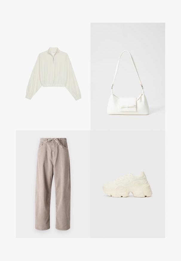 Kreemfarbenest lühikese varrukaga kudum, millel on kõrge kaelus, pool tõmblukk, elastne allosa ja varrukad, sile tekstuur ja minimaalne disain.; Beige kammkootud püksid, millel on mugav lõige, paelaga vöökoht, kaks eesmist taskut ja vertikaalne soonik tekstuur.; Paksud valged tennised, mis on valmistatud tekstureeritud võrgu- ja sünteetilistest materjalidest, pakuvad paksu tallaga ja keerukat mustrit külgedel.; Valge sünteetilisest materjalist kott kolmnurkse kujuga, lame esiklapiga ja kaaredetailiga, reguleeritava rihmaga, sileda tekstuuriga ja minimalistliku disainiga.