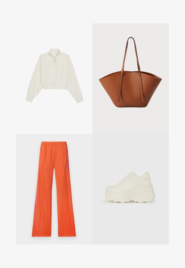 Sudadera cropped en tejido crema, con cuello alto, cierre de media cremallera, dobladillo y puños elásticos, con una textura suave y un diseño minimalista.; adidas Originals FIREBIRD - Pantalones deportivos - orange/semi lucid fuchsia; Zapatillas de plataforma blancas con un upper suave similar al cuero, forma redondeada, cuello acolchado y suela de goma texturizada con surcos definidos.; Bolso tote de cuero marrón con una forma ancha y estructurada, asas delgadas y un acabado texturizado. Presenta un diseño minimalista sin herrajes visibles.
