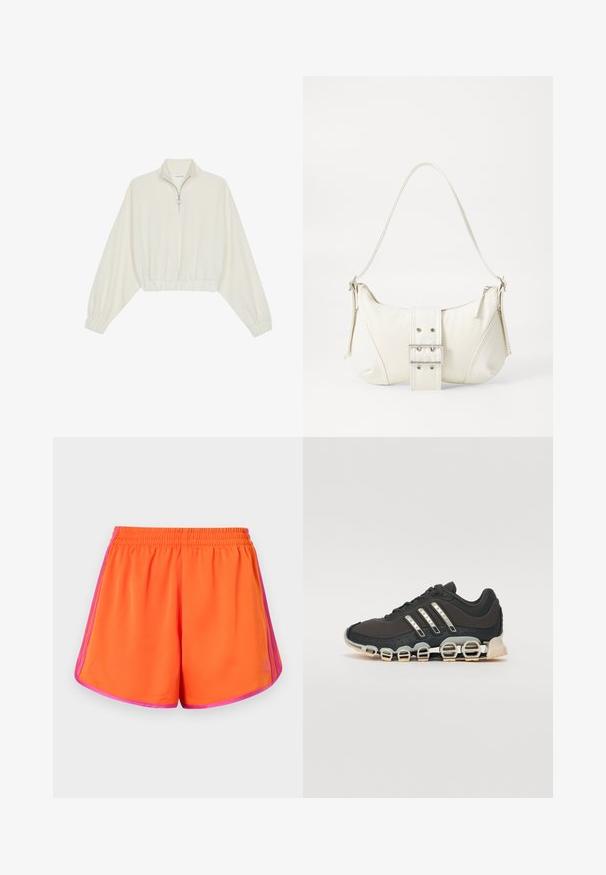 Skórzany pulower w kolorze kremowym, z wysokim kołnierzem, półzamkiem, elastycznym wykończeniem u dołu i mankietami, o gładkiej teksturze i minimalistycznym designie.; Jasnopomarańczowe szorty sportowe z elastycznym pasem, z różowymi bocznymi paskami i gładkim, lekkim wykończeniem materiału.; Czarne sportowe buty z teksturowaną cholewką, trzema srebrnymi paskami i charakterystyczną podeszwą z amortyzacją, składającą się z wielu zintegrowanych sekcji.; Biała torebka na ramię o fakturowanym wykończeniu, z centralnym akcentem w postaci klamry i zaokrąglonym kształcie. Zapięcia na zamek błyskawiczny po obu stronach.
