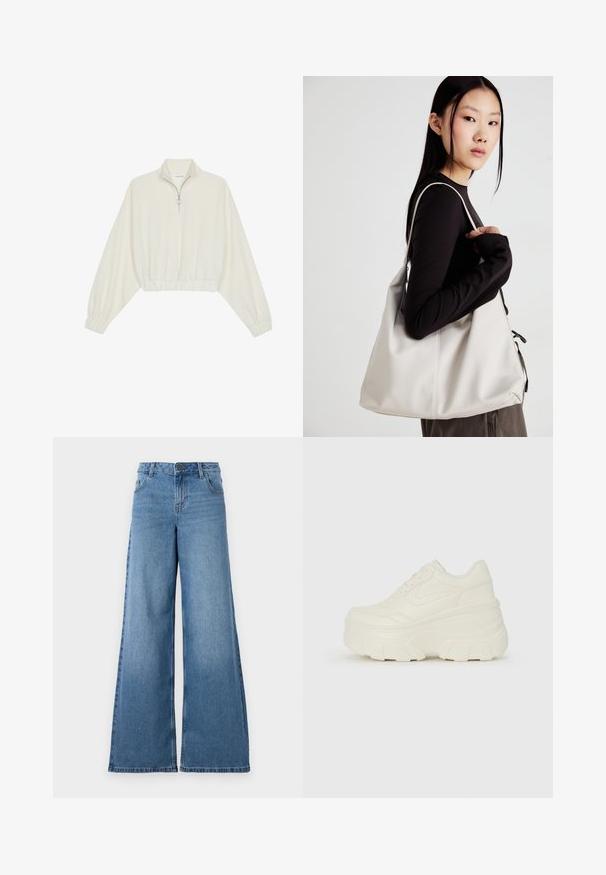 Κομμένο pullover από κρέμα ύφασμα, με ψηλό γιακά, μισό φερμουάρ, ελαστική μέση και μανίκια, με λεία υφή και μινιμαλιστικό σχέδιο.; Πολυάσπρο μπλε τζιν με φαρδιά πόδια και υψηλή μέση, διαθέτοντας θηλιές ζώνης, πέντε τσέπες και φθαρμένη εμφάνιση. Το ύφασμα είναι απαλό και δομημένο.; Λευκά αθλητικά παπούτσια με πλατφόρμα, διαθέτουν λείο επάνω μέρος που μοιάζει με δέρμα, στρογγυλή σιλουέτα, επενδυμένο κολάρο και υφασμένο καουτσούκ σόλα με καθορισμένα μοτίβα.; Μπεζ τσάντα χειρός από μαλακό υλικό, με χαλαρή σχεδίαση, ραφές και δύο λουράκια ώμου. Κατάλληλη για καθημερινή χρήση.